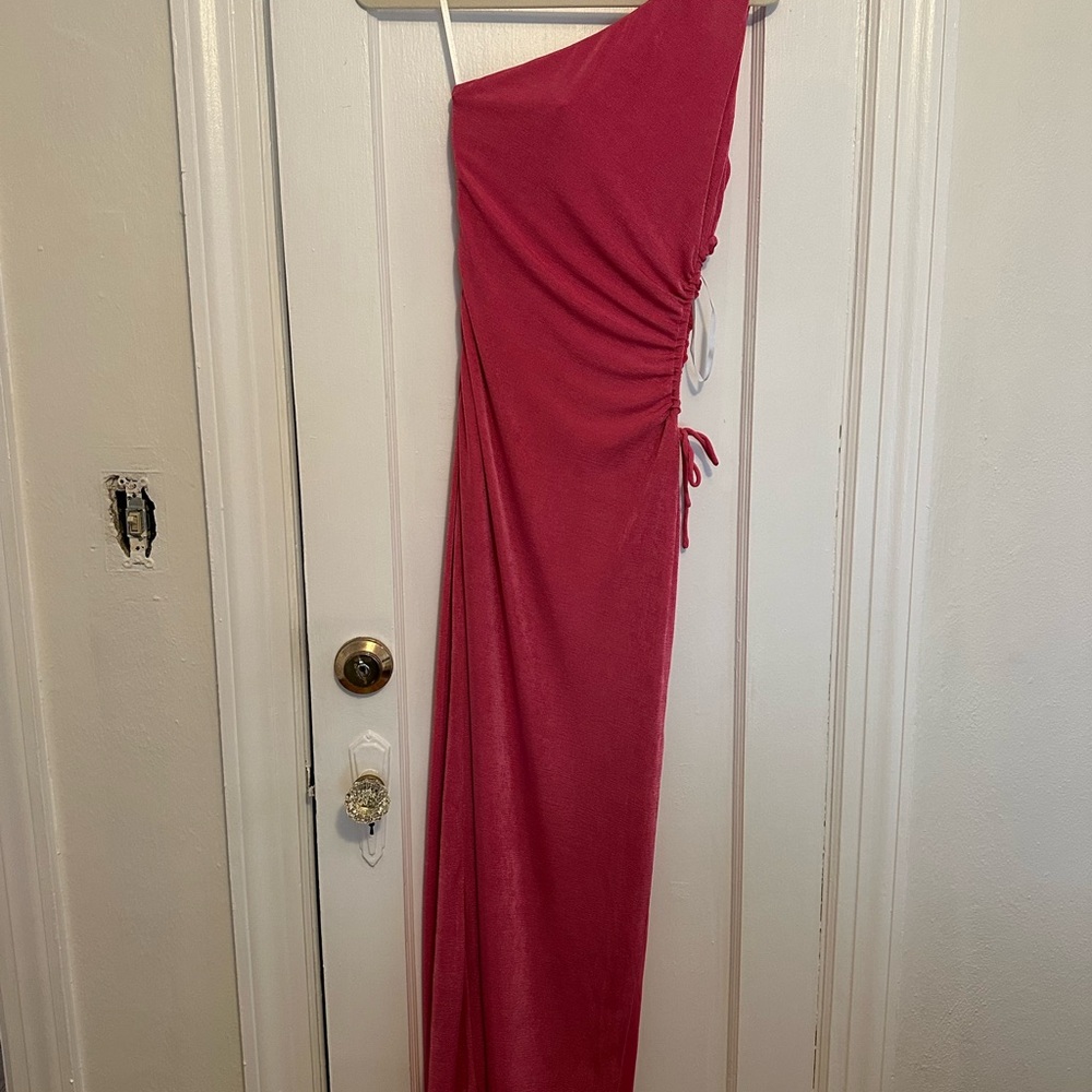 superdown One-Shoulder Ruched Maxi Dress in Deep Pink